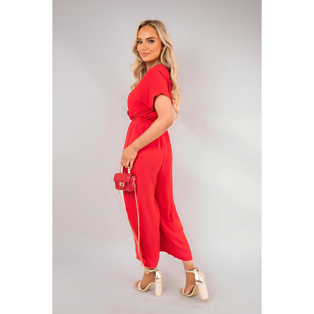 Wrap Short Sleeve Wide Leg Jumpsuit with Tie Waist