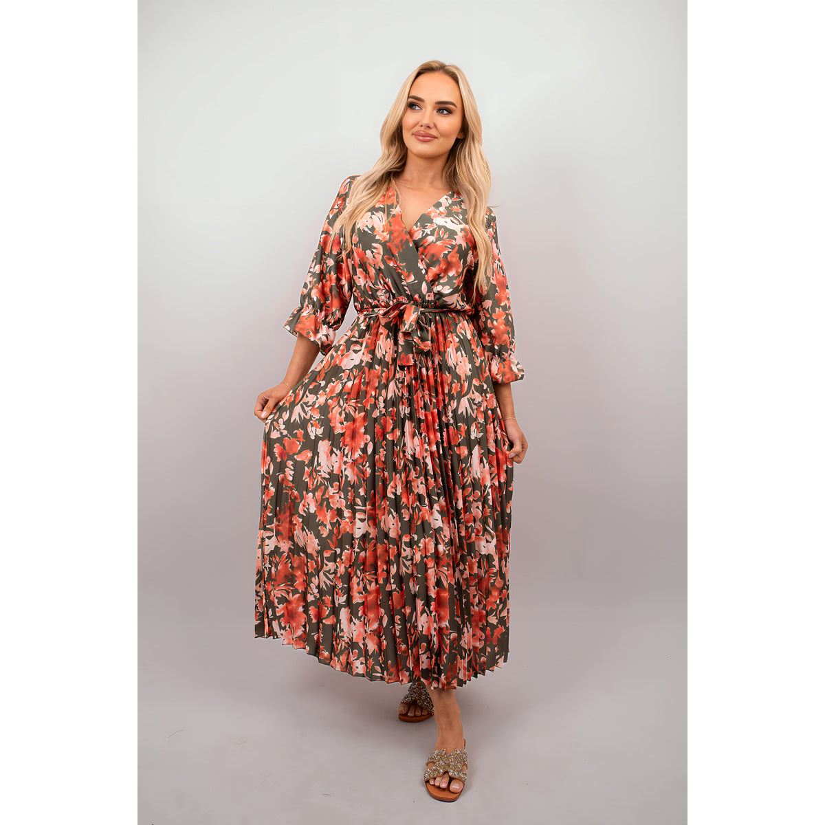 Floral Printed Long Sleeve Pleated Midi Dress