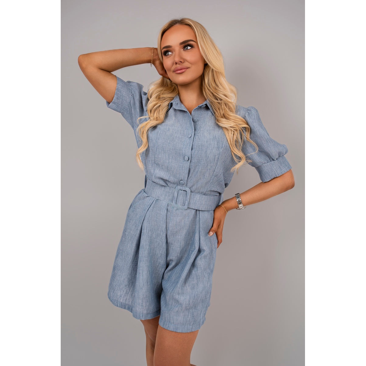 Collared Short Sleeve Playsuit with Belted Waist