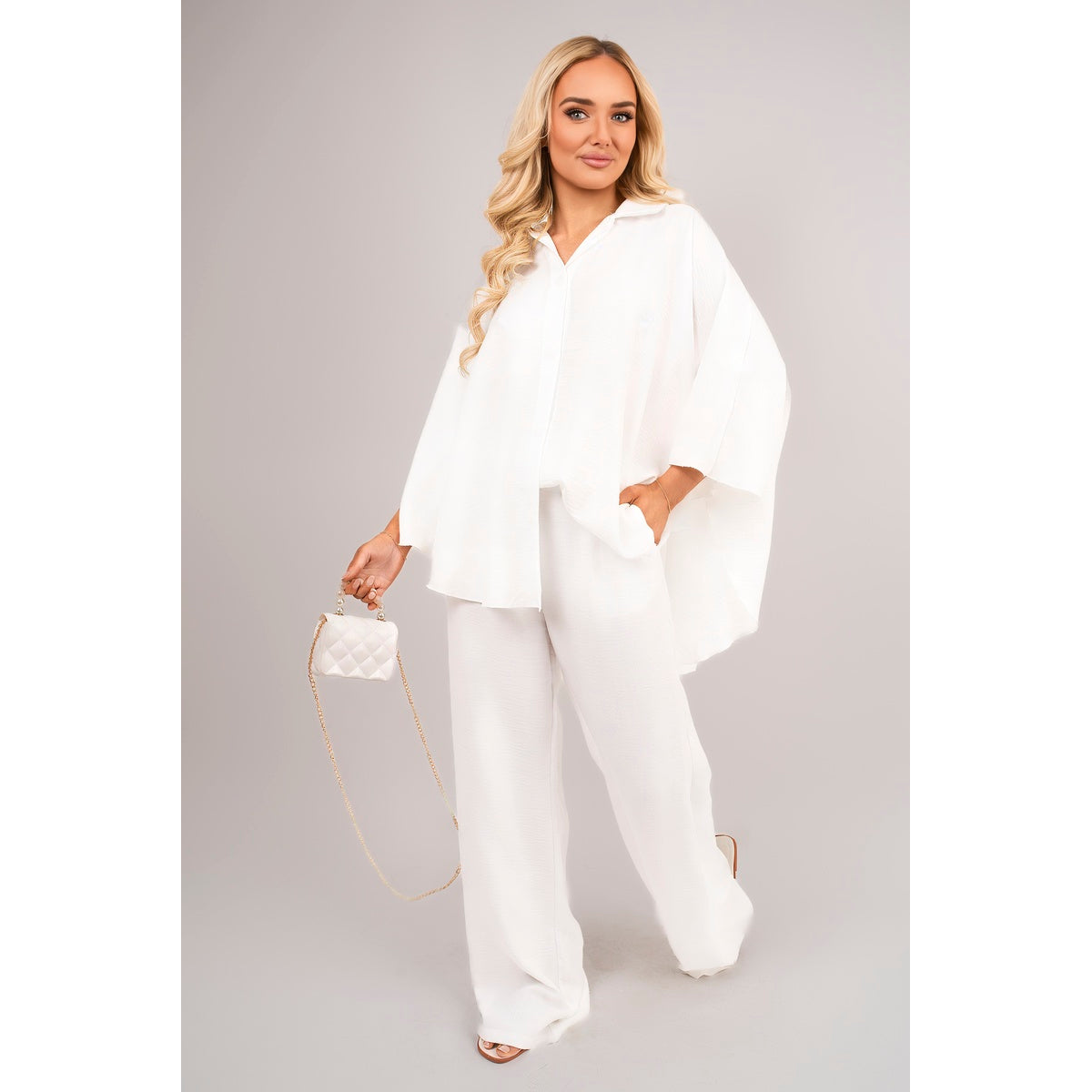 Button Down Long Sleeve Shirt and Wide Leg Trousers Co-ord Set