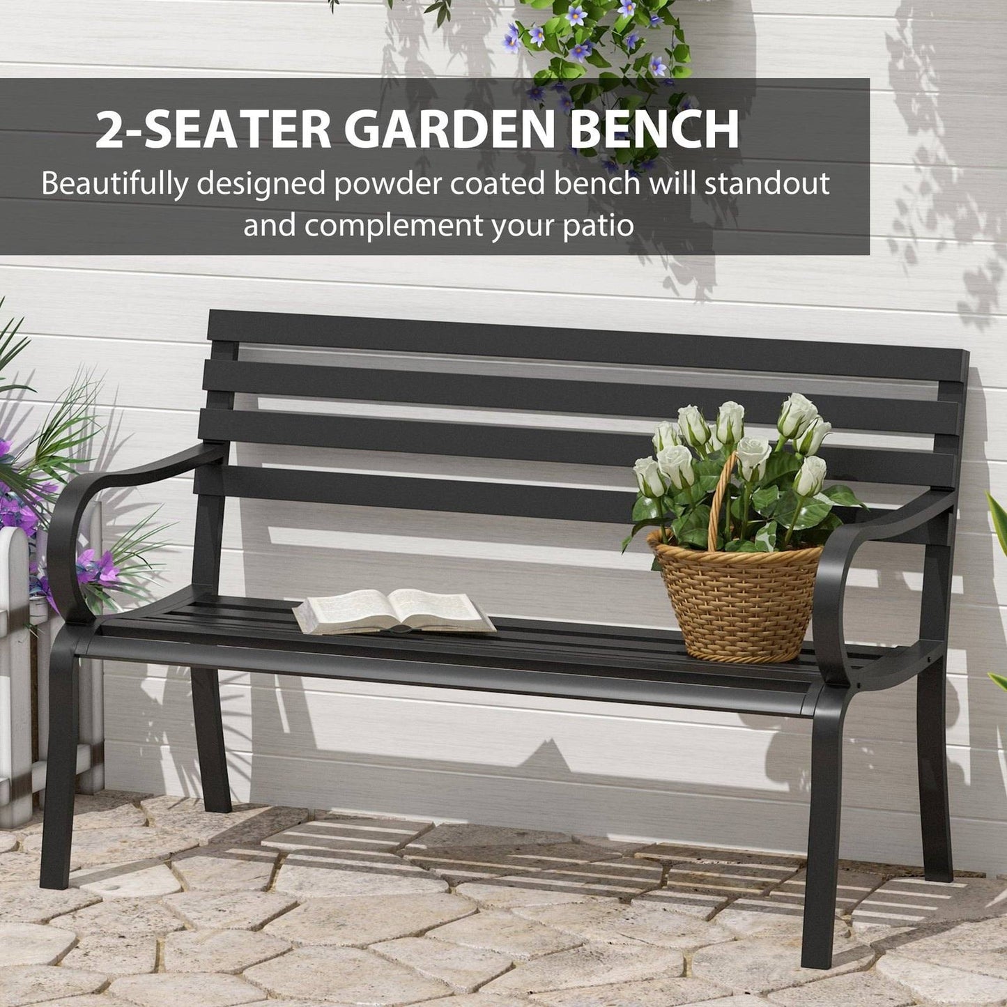 Stylish 2 Seater Metal Garden Porch Chair Bench Stable Patio Outdoor Park Metal Bench - Black