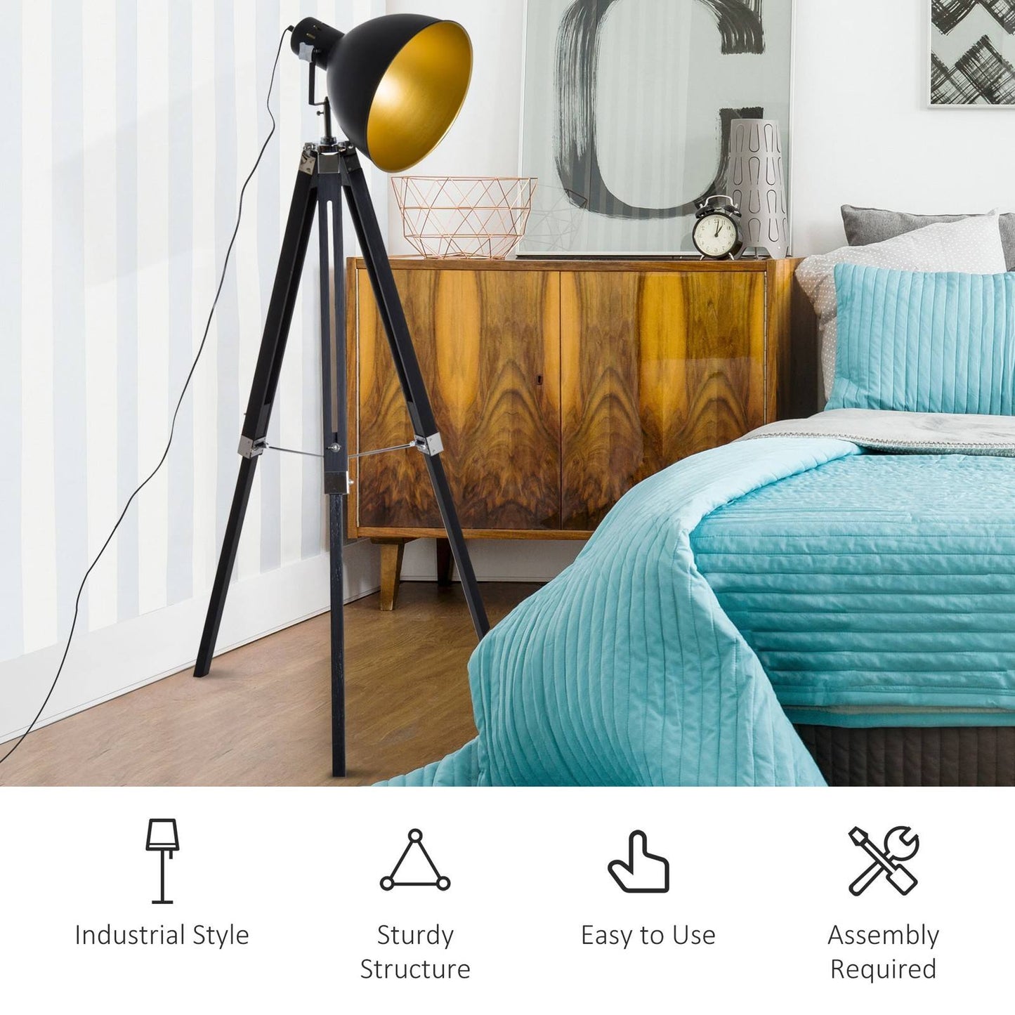 Industrial Floor Lamp for Living Room Tripod Spotlight Reading Lamp w/Wood Legs Metal Shade Adjustable Height Angle for Bedroom Home Office Black and Gold