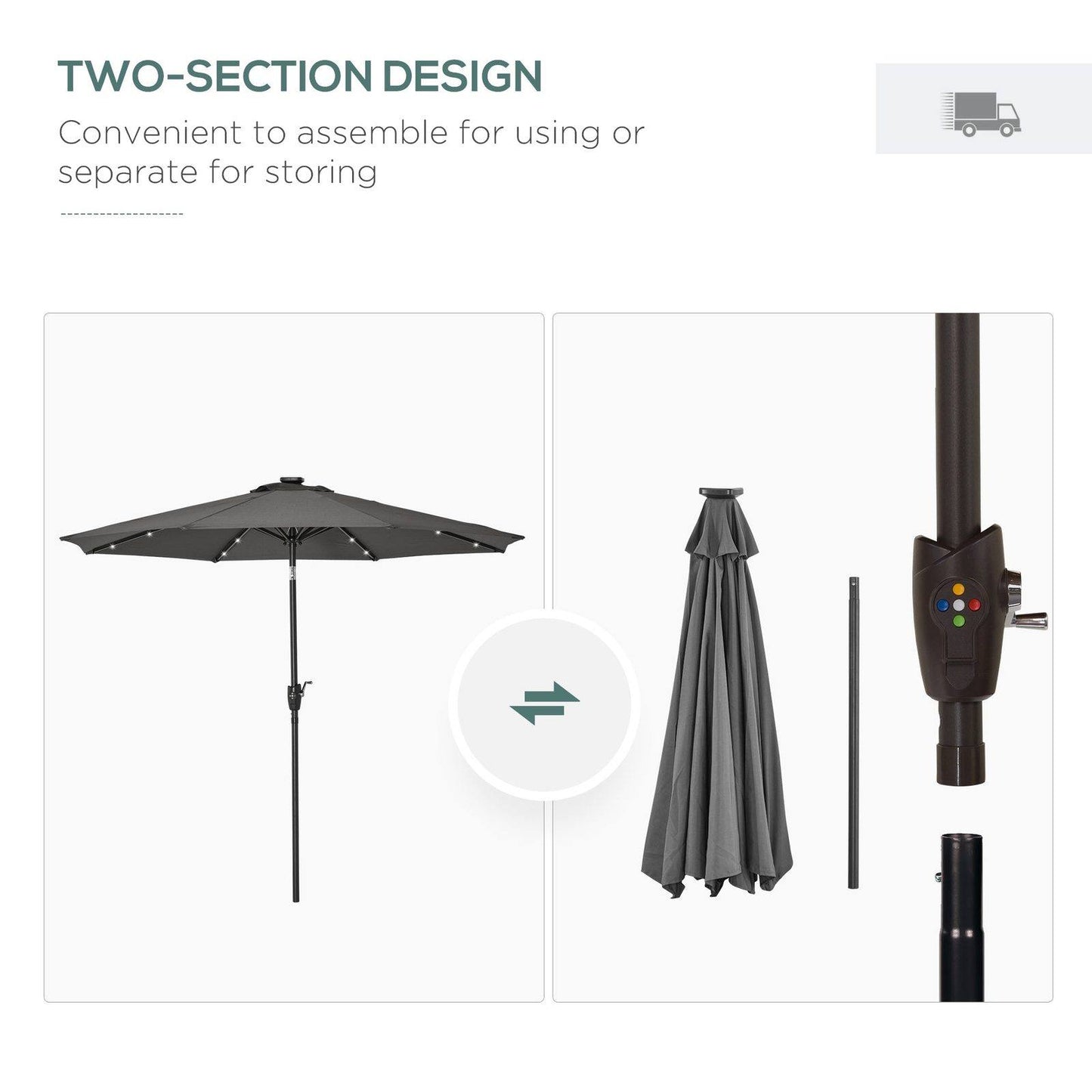 Garden Parasol Outdoor Tilt Sun Umbrella Patio 24 LED Light Hand Crank Grey