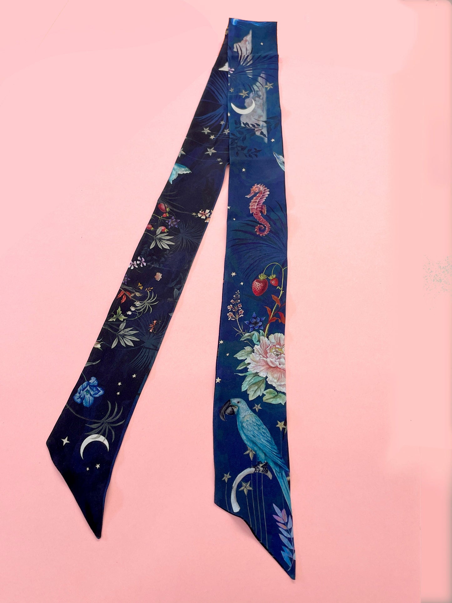 Navy 'Skinny' Silk scarf in the botanical 'Wonderous' Print, delicate, lightweight scarf accessory