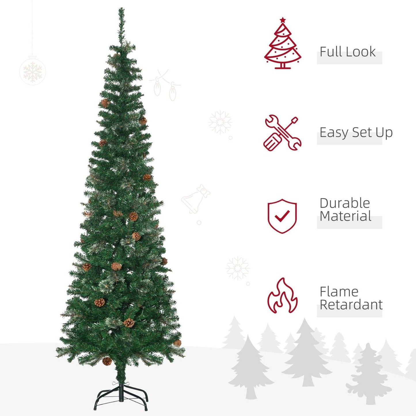 6.5FT Tall Pencil Slim Artificial Christmas Tree with Realistic Branches