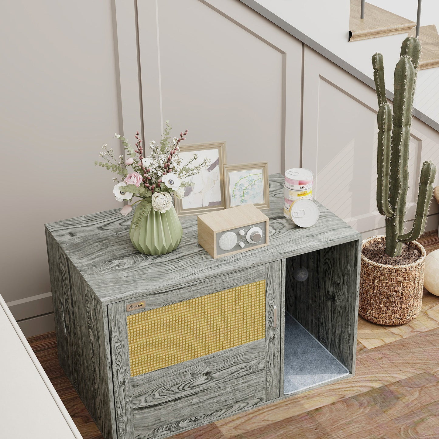 PawHut Boho Style Cat Litter Box Enclosure with Rattan Door, Scratching Mat