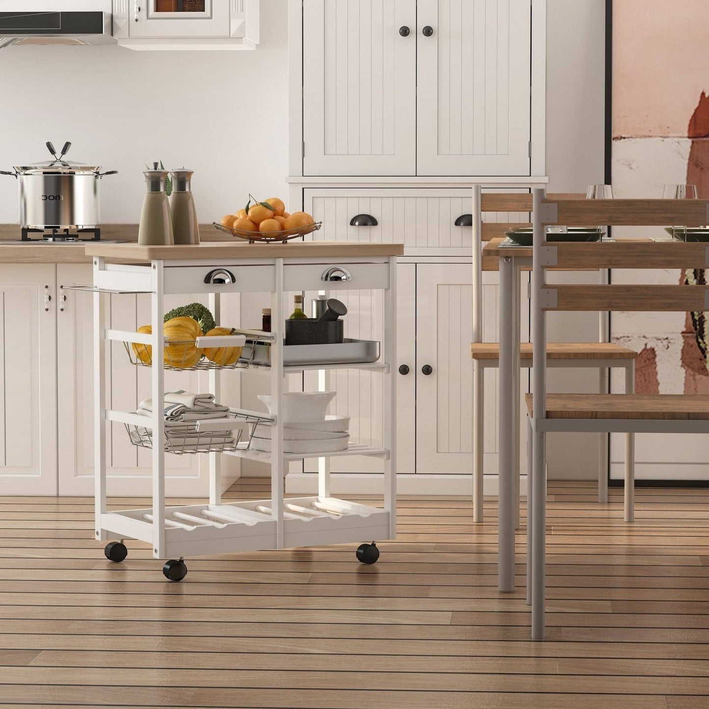 Rolling Kitchen Island Trolley Cart Drawer Shelves Basket Wheels W/ 6 Bottle Wine Rack White