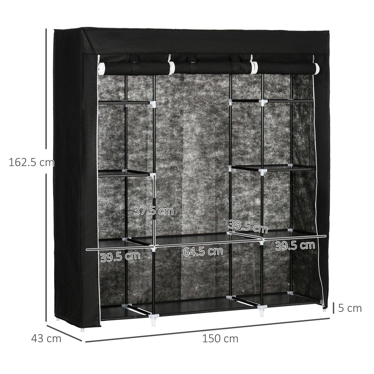 Fabric Wardrobe Portable Wardrobe With 10 Shelves 1 Hanging Rail Foldable Closets 150 X 43 X 162.5 cm Black