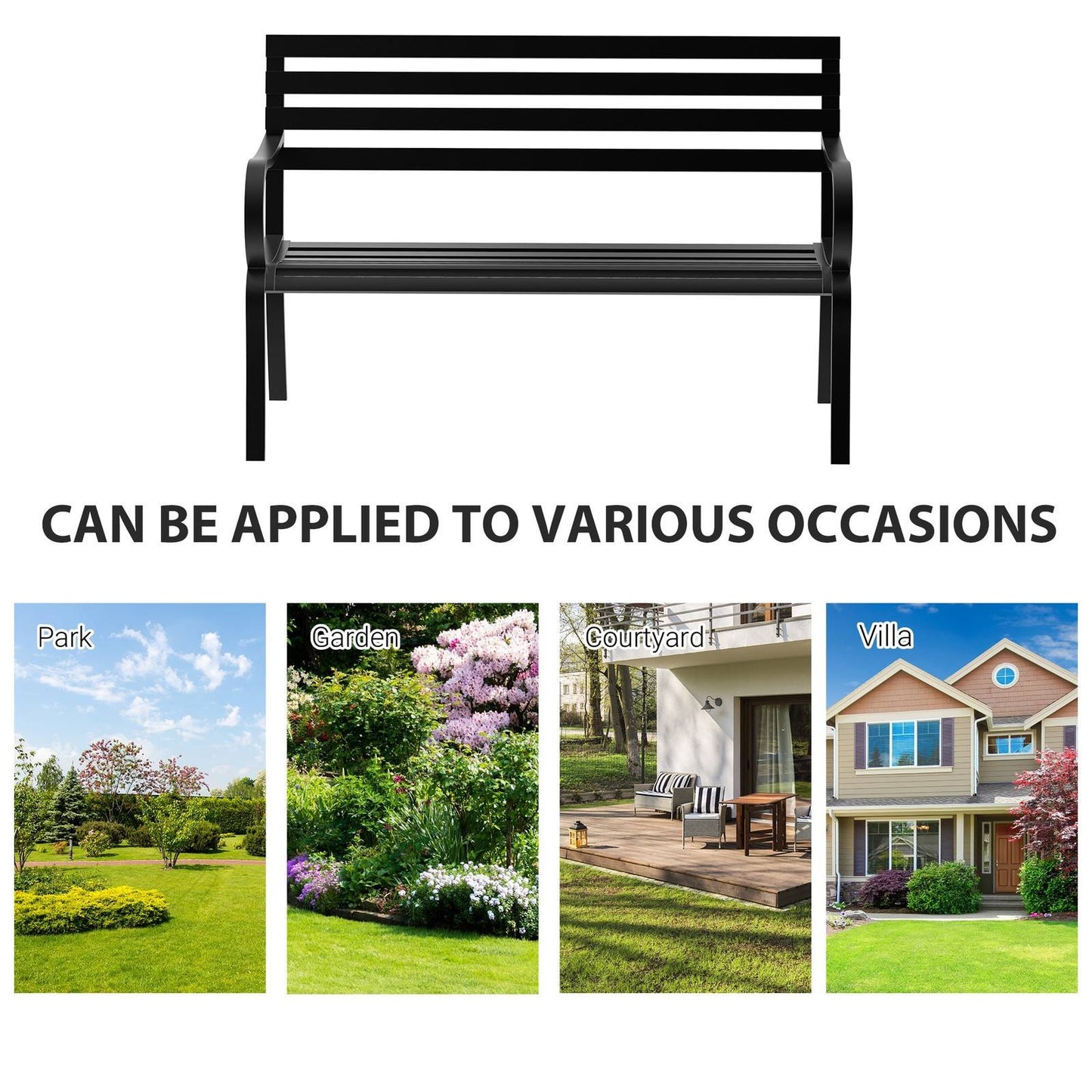 Stylish 2 Seater Metal Garden Porch Chair Bench Stable Patio Outdoor Park Metal Bench - Black