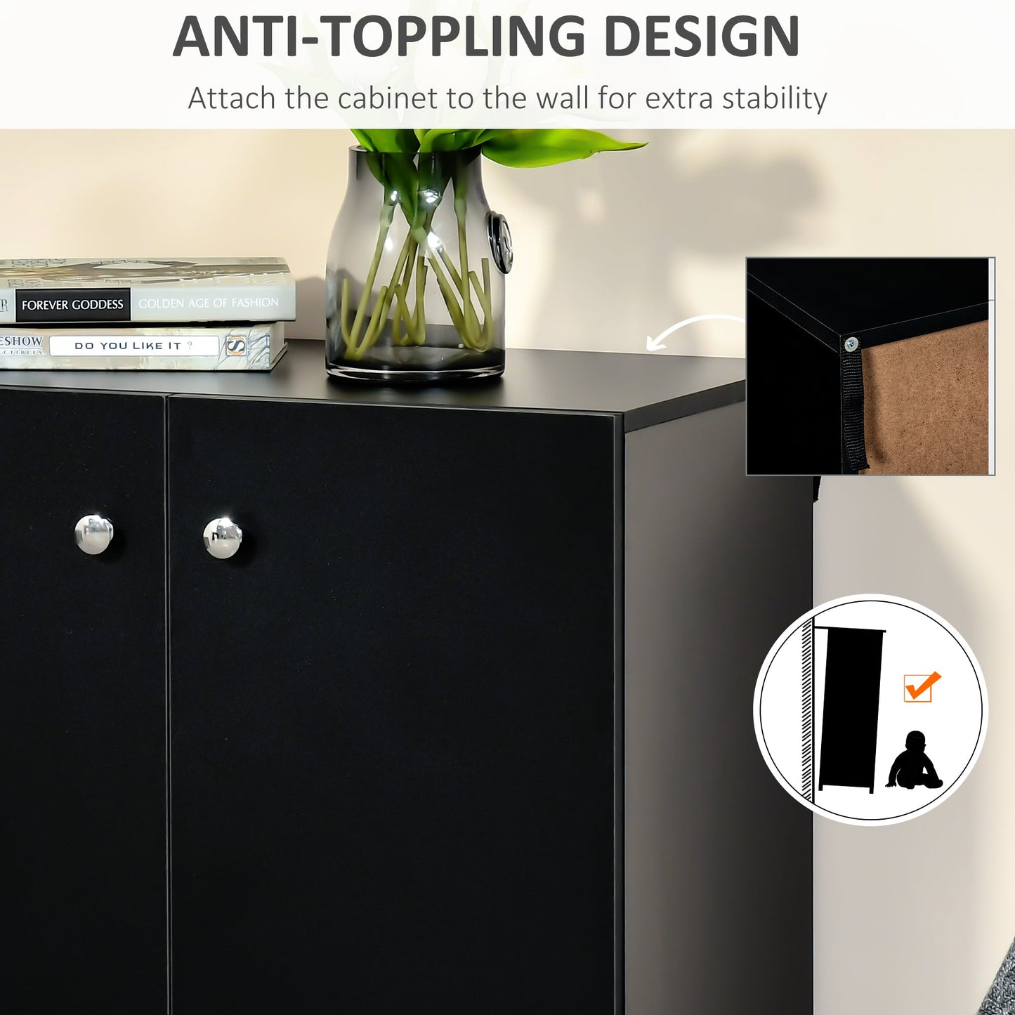 Storage Cabinet With Two Shelves Wooden Sideboard Freestanding Kitchen Cupboard Bookcase Black