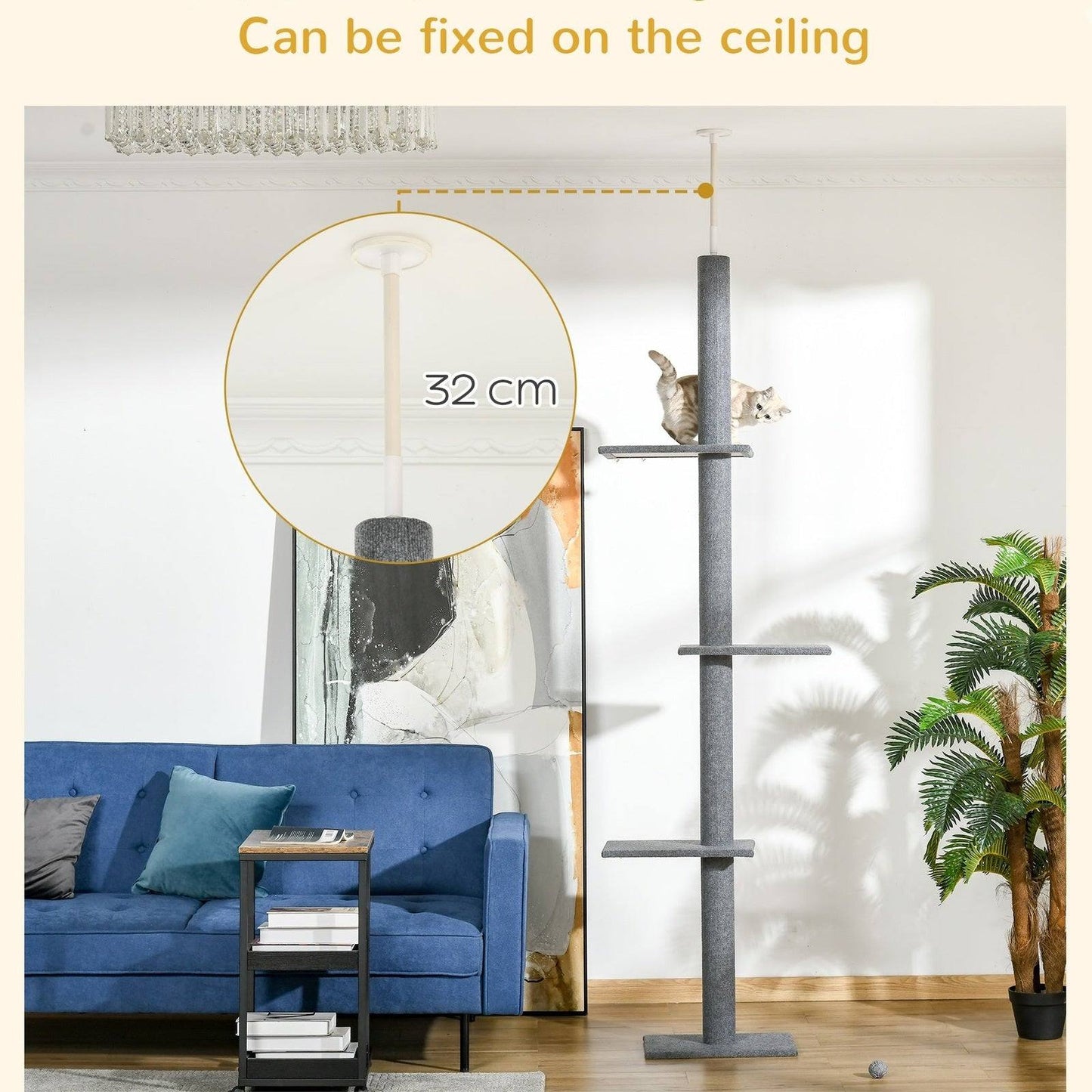 PawHut 260cm Floor To Ceiling Cat Tree Activity Center w/3 Perches Kitten Grey