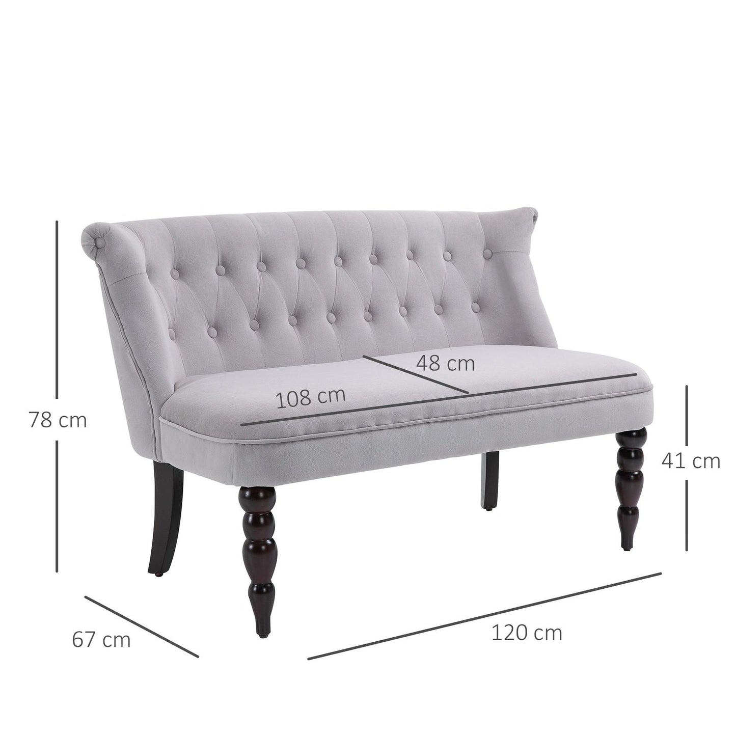 2 Seat Sofa Lounger Couch with Wood Frame Button Tufts Carved Legs Vintage Design Compact Home Bedroom Loveseat Grey
