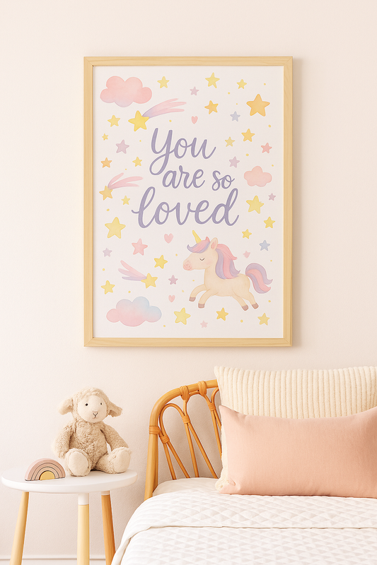 You Are So Loved – Pastel Unicorn & Stars Nursery Wall Art