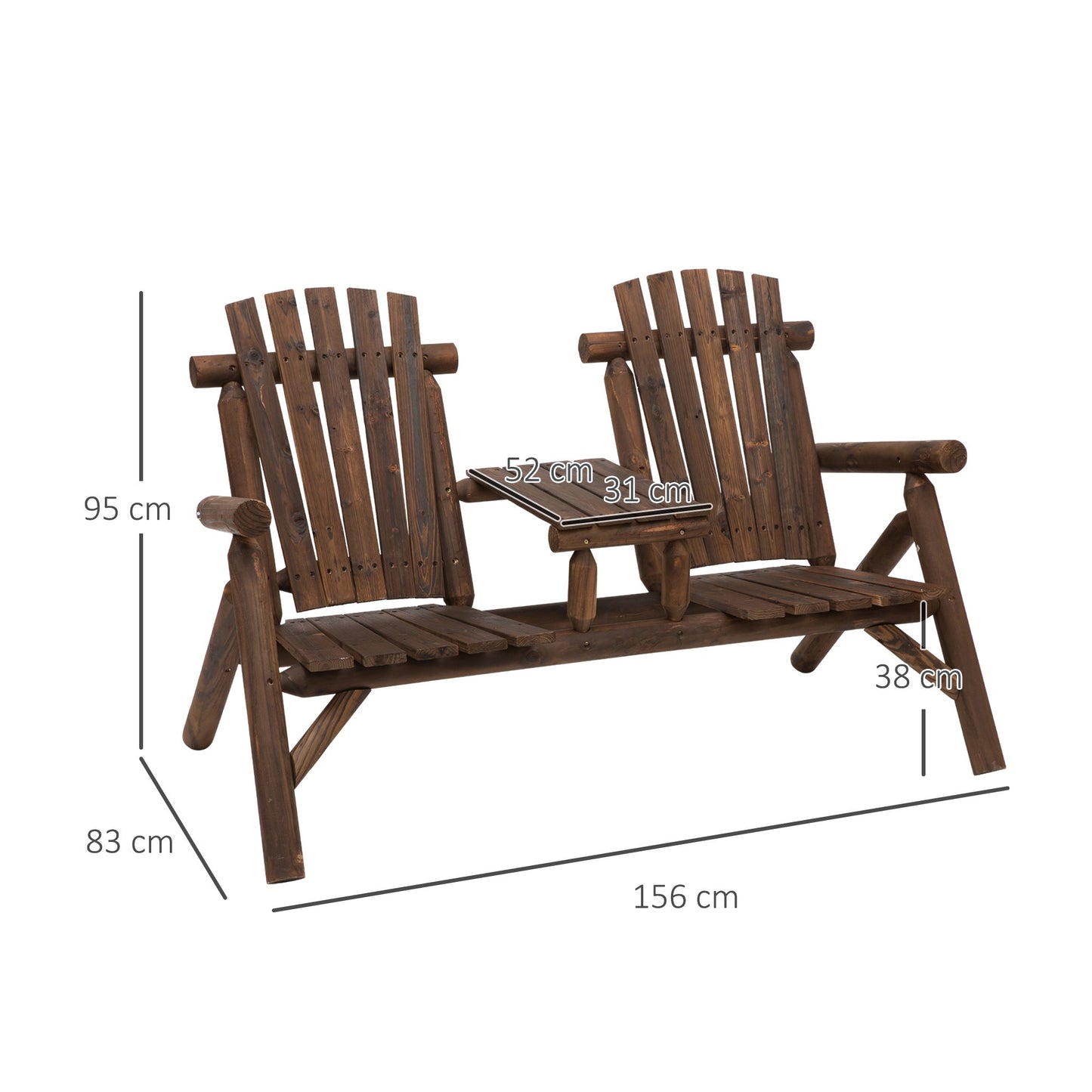 Solid Wood Patio Chair Bench 2 Seat Jack and Jill Seat w/ Center Coffee Table