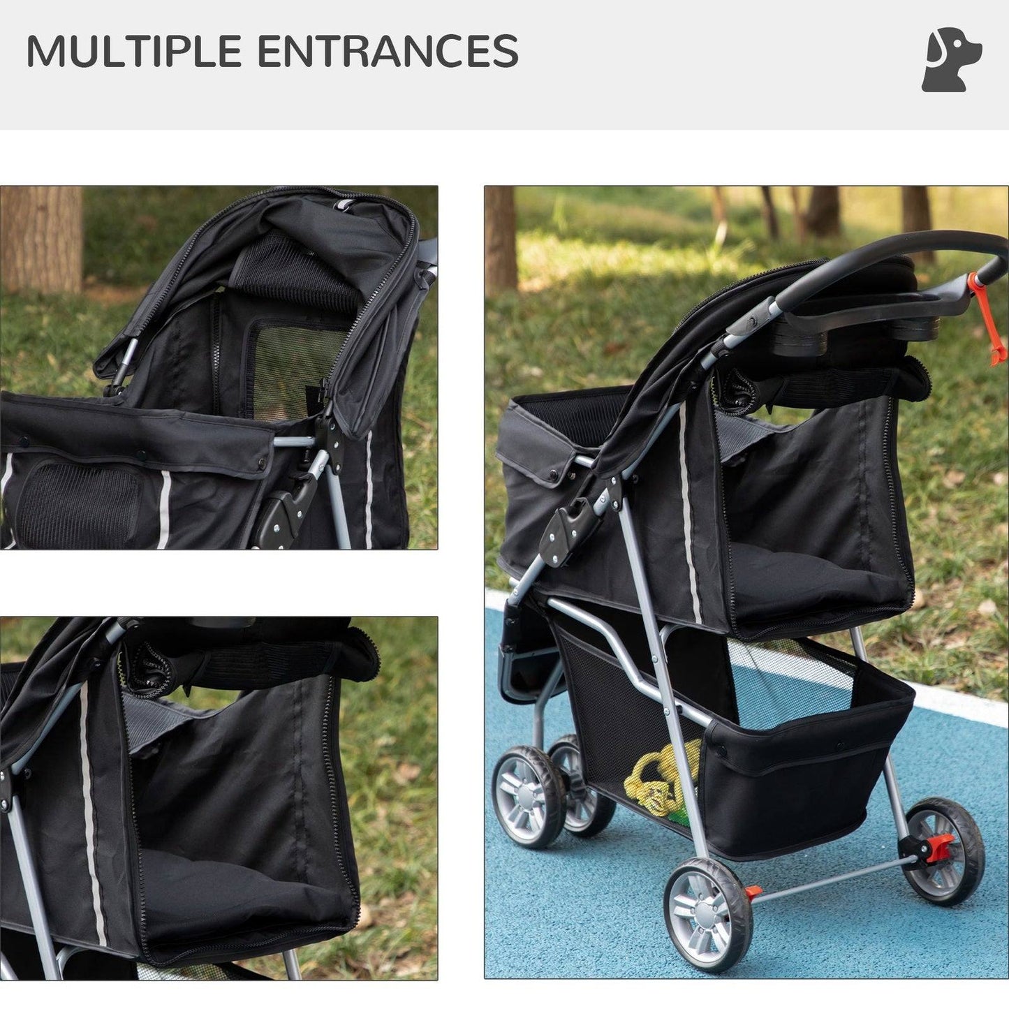 PawHut Pet Travel Stroller Cat Dog Pushchair Trolley Puppy Jogger Carrier Three Wheels for Small Miniature DogsBlack