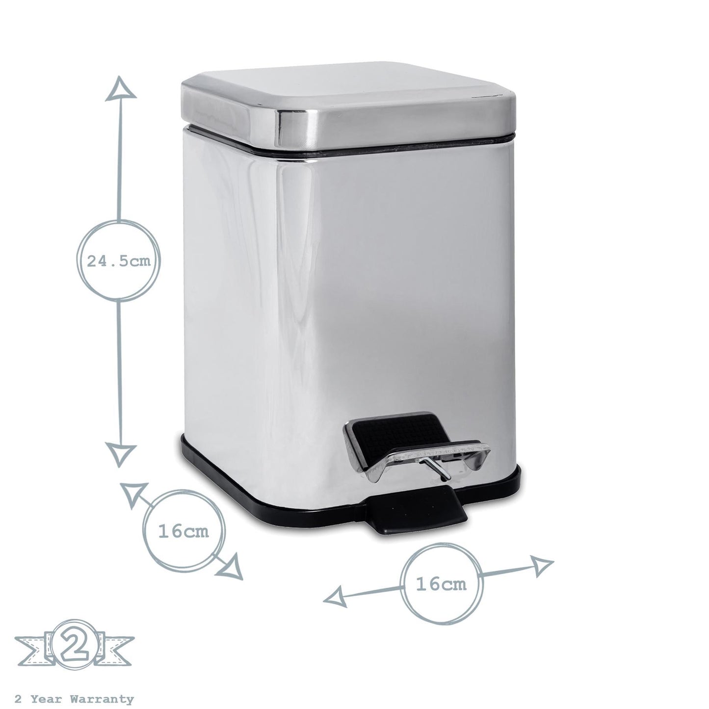 3L Chrome Square Bathroom Pedal Bin