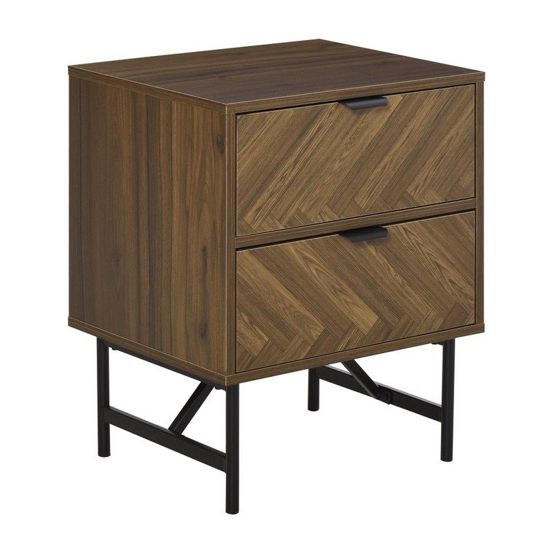 Side Cabinet Home Organizer With 2 Drawer Unit Herringbone Pattern Walnut Tone