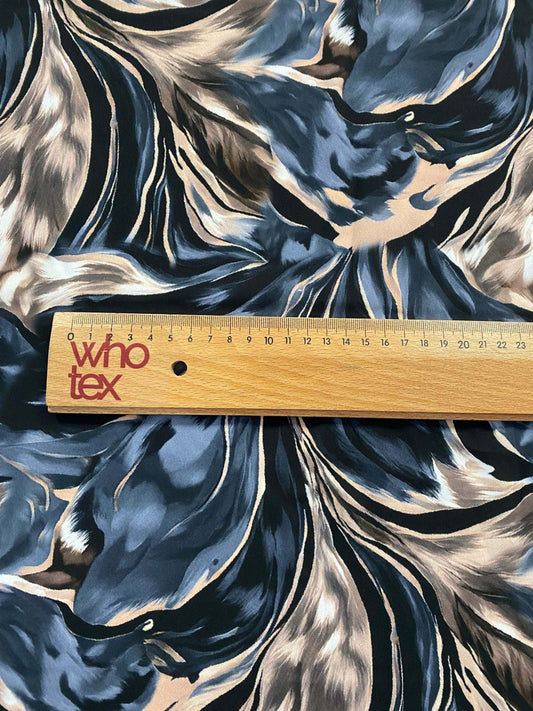 Abstract Feather Pattern Fabric in Black, Beige, and Blue – Custom Printed Fabric on Satin, Crepe, Spandex or Chiffon