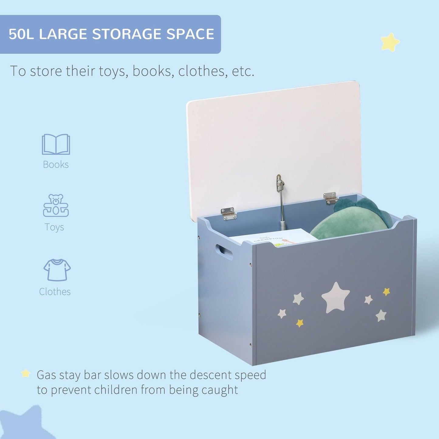 Kids Wooden Toy Box Children Storage Chest Organiser Side Handle Safety Hinge Play Room Furniture Blue