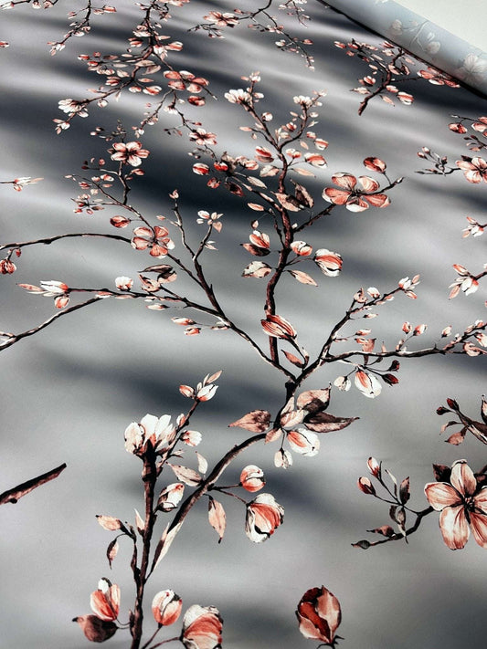 Gray Almond Blossom Luxury Fabric – Fabric by Metre, Multiple Options for Sewing & Dressmaking