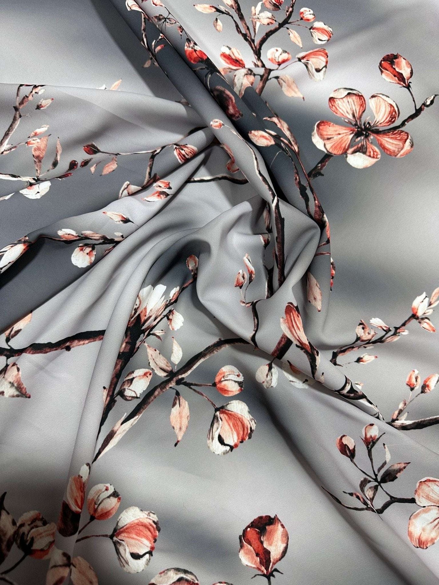 Gray Almond Blossom Luxury Fabric – Fabric by Metre, Multiple Options for Sewing & Dressmaking