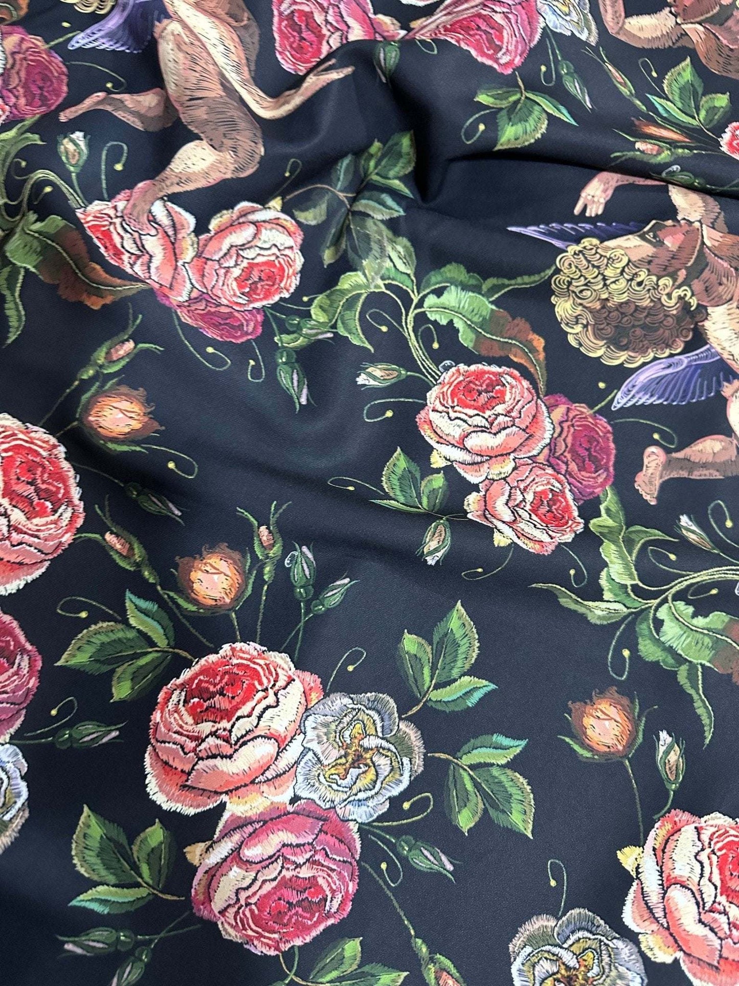 Angel Floral Print Fabric – Available in Satin, Crepe, Spandex & Chiffon | By Metre