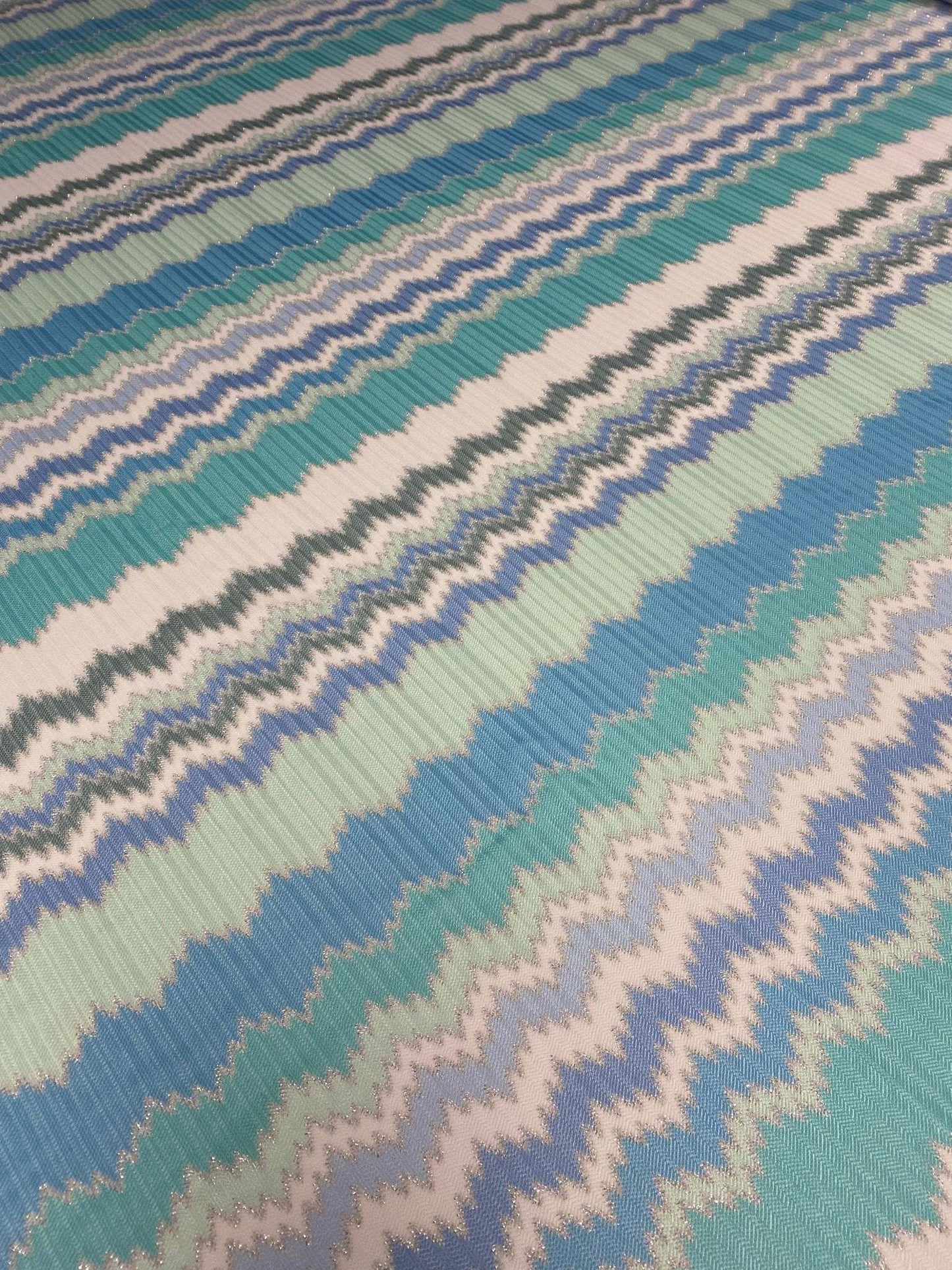 Aqua Blue and Mint Green Zigzag Pattern Woven Fabric
