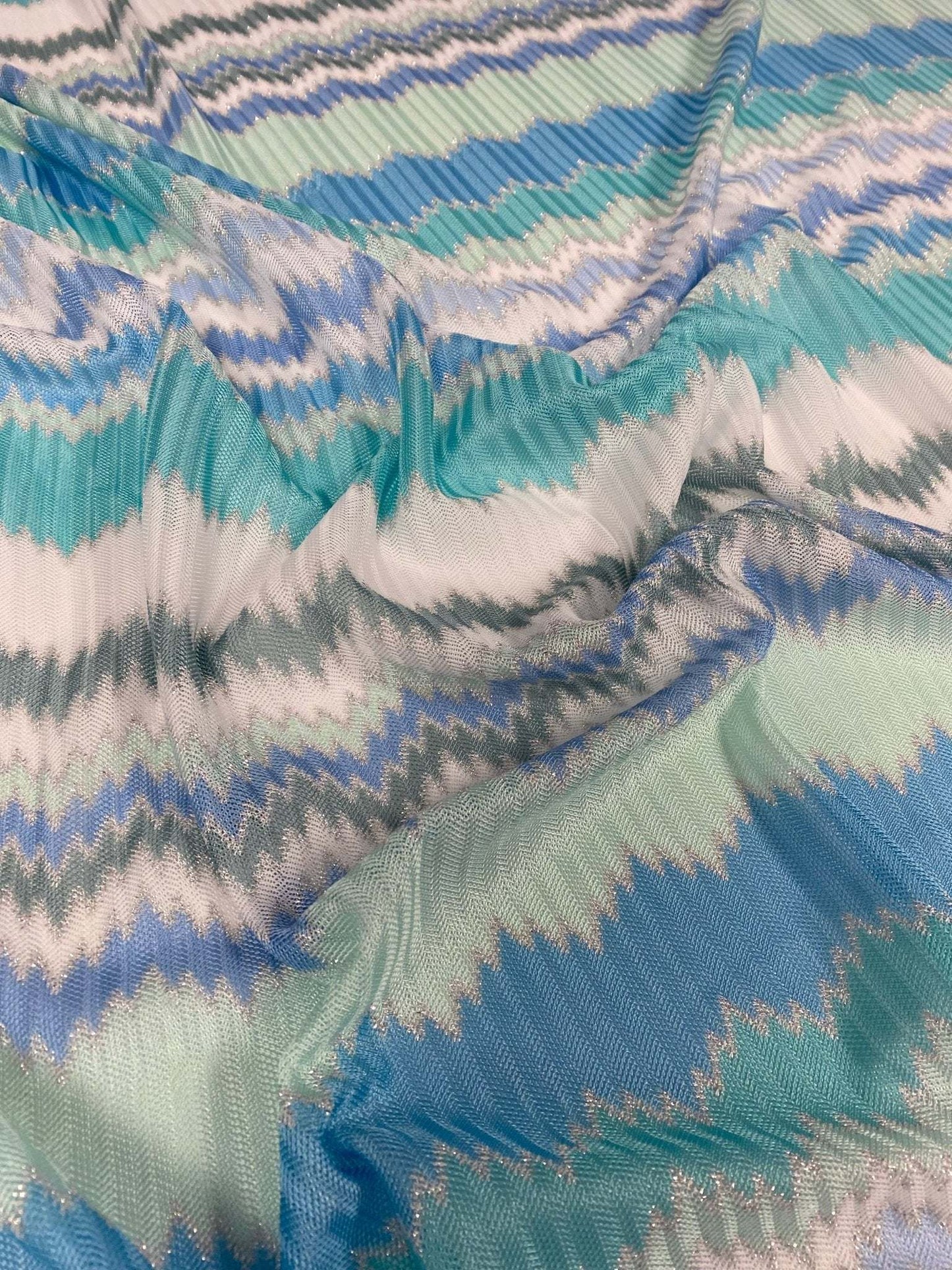 Aqua Blue and Mint Green Zigzag Pattern Woven Fabric