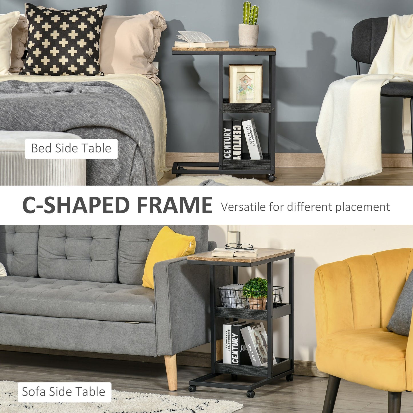 Industrial Mobile Sofa Side Table C Shaped Rolling Couch Table With 3 Tier Storage Shelving Four Lockable Wheels Steel Frame Brown