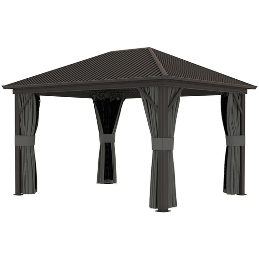 Outsunny 3.6 x 3(m) Metal Garden Hardtop Gazebo with Screened Curtain Dark Grey