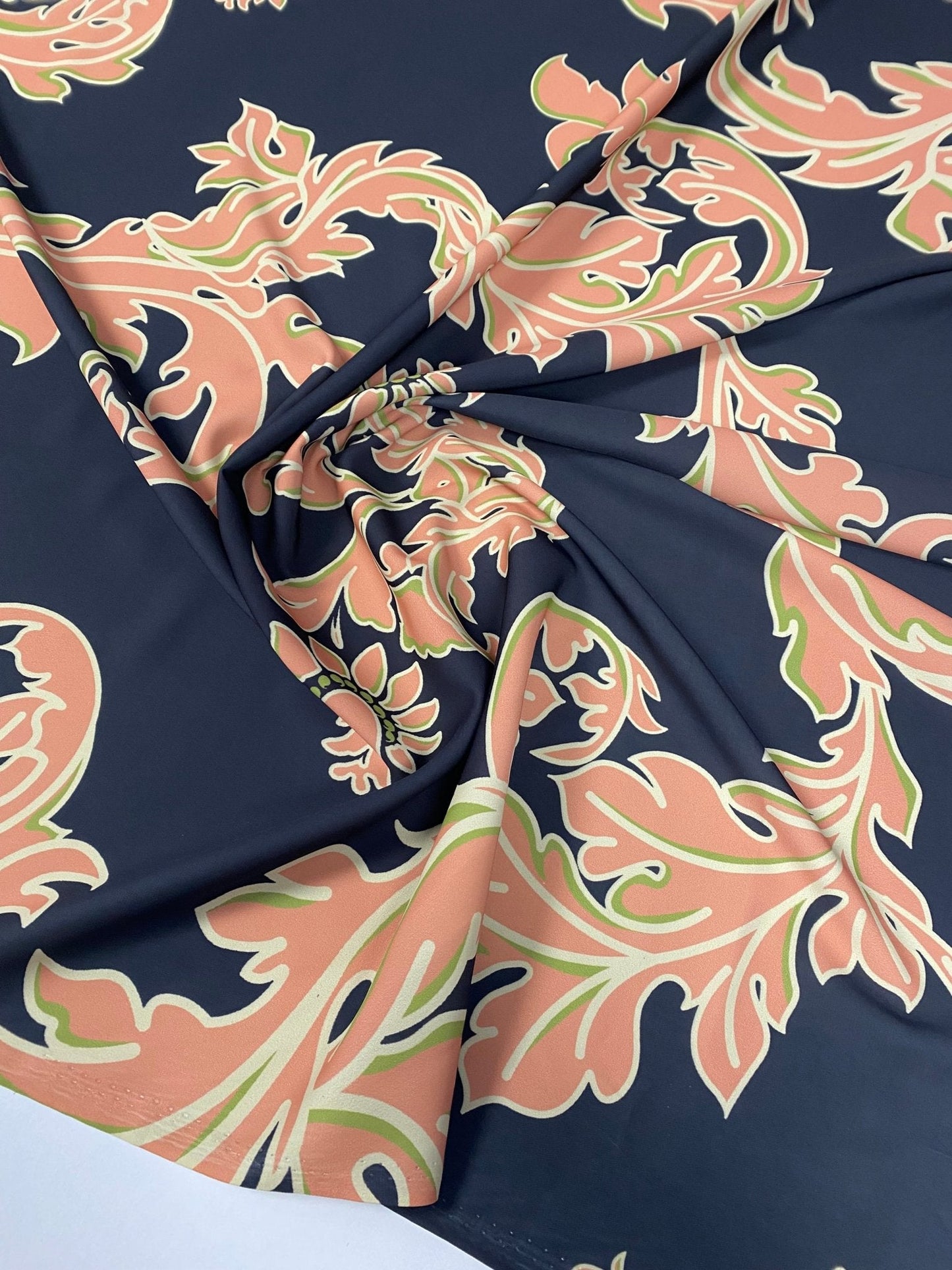 Baroque Floral Crepe Fabric by the Metre – Black Peach Green Design