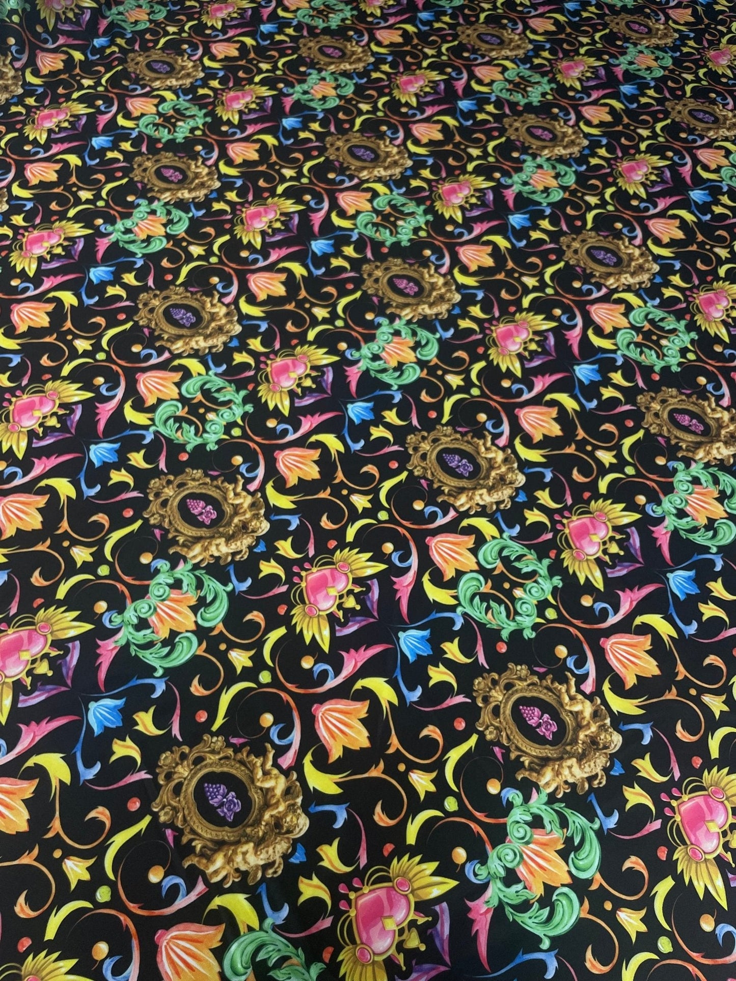 Baroque Floral Spandex Fabric with Gold Motifs