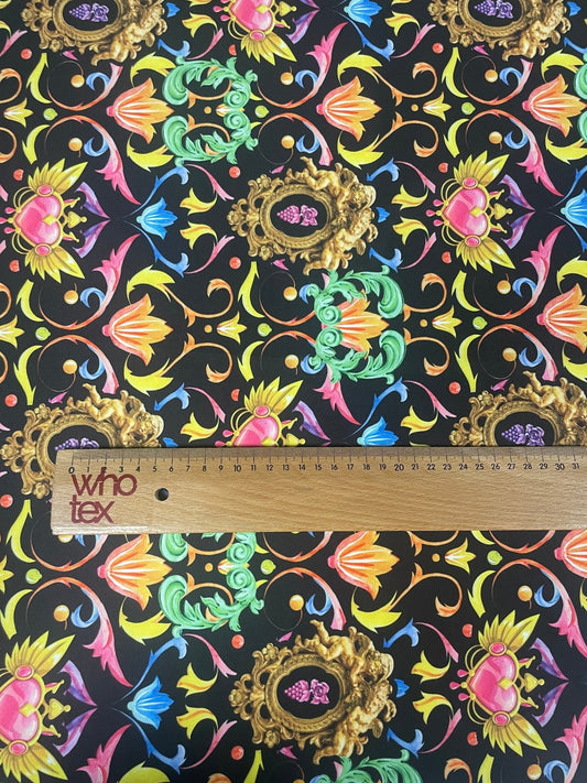 Baroque Floral Spandex Fabric with Gold Motifs