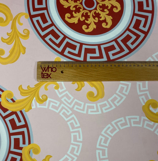 Baroque Medallion Crepe Fabric by the Metre – Beige Red & Gold Design