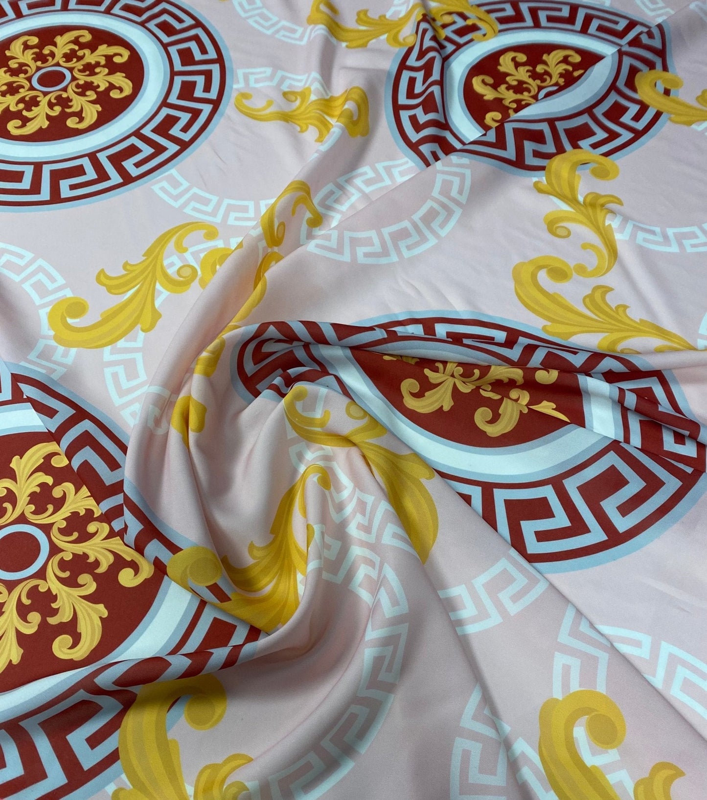 Baroque Medallion Crepe Fabric by the Metre – Beige Red & Gold Design