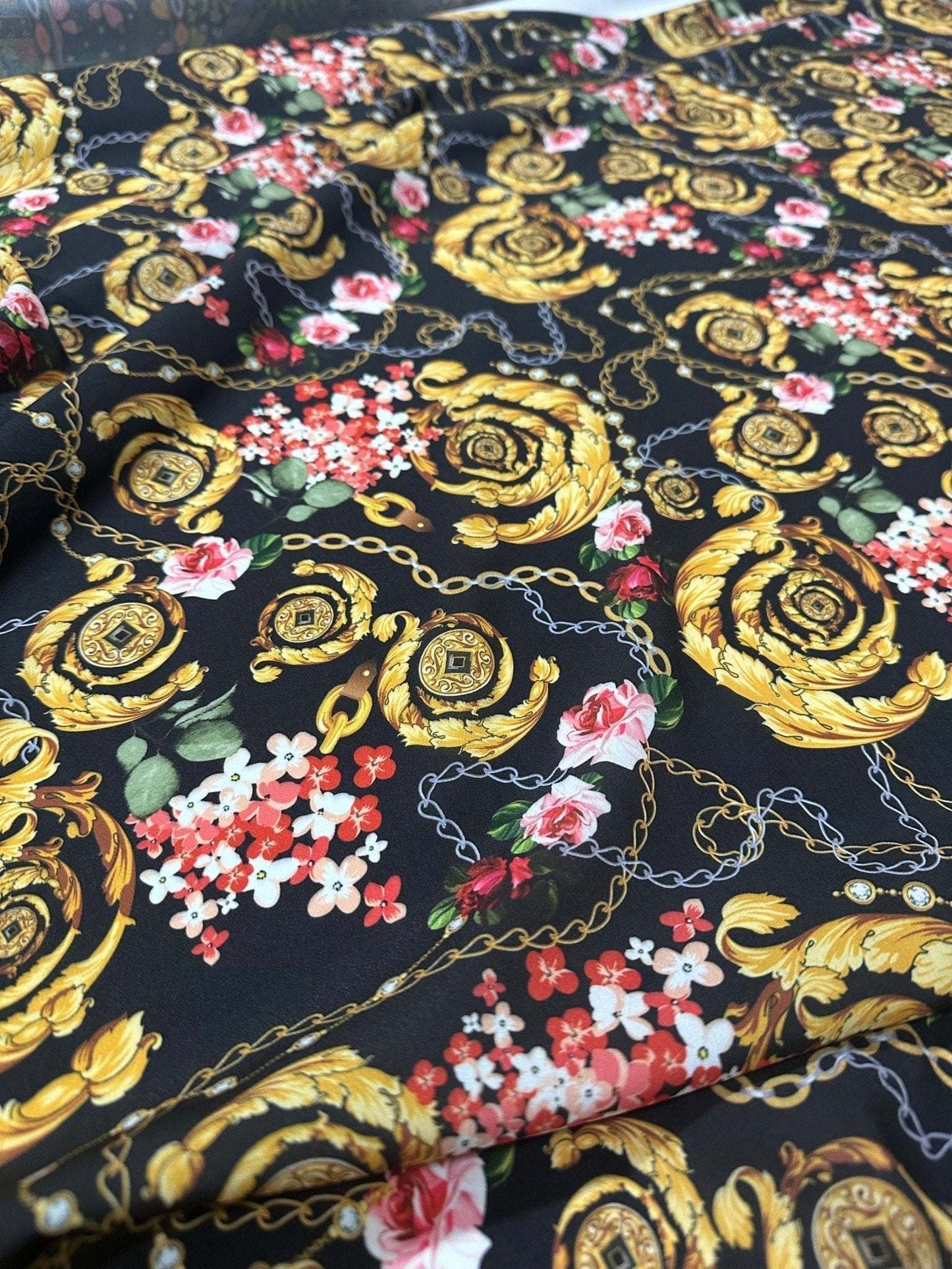Baroque Floral Chain Fabric – Custom Printed Fabric on Satin, Crepe, Spandex or Chiffon