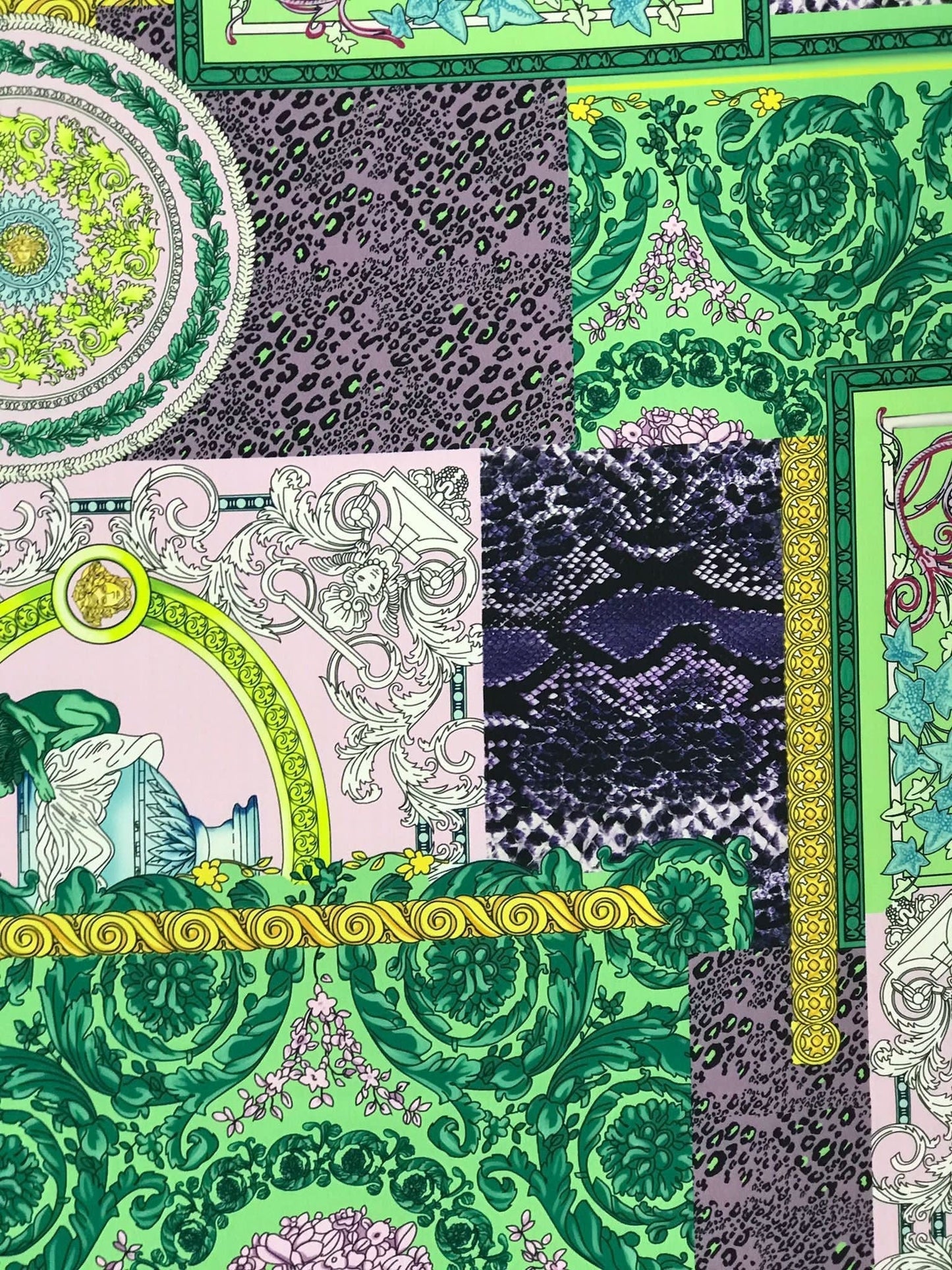 Baroque Pattern Fabric Green Borders and Soft Color Palette