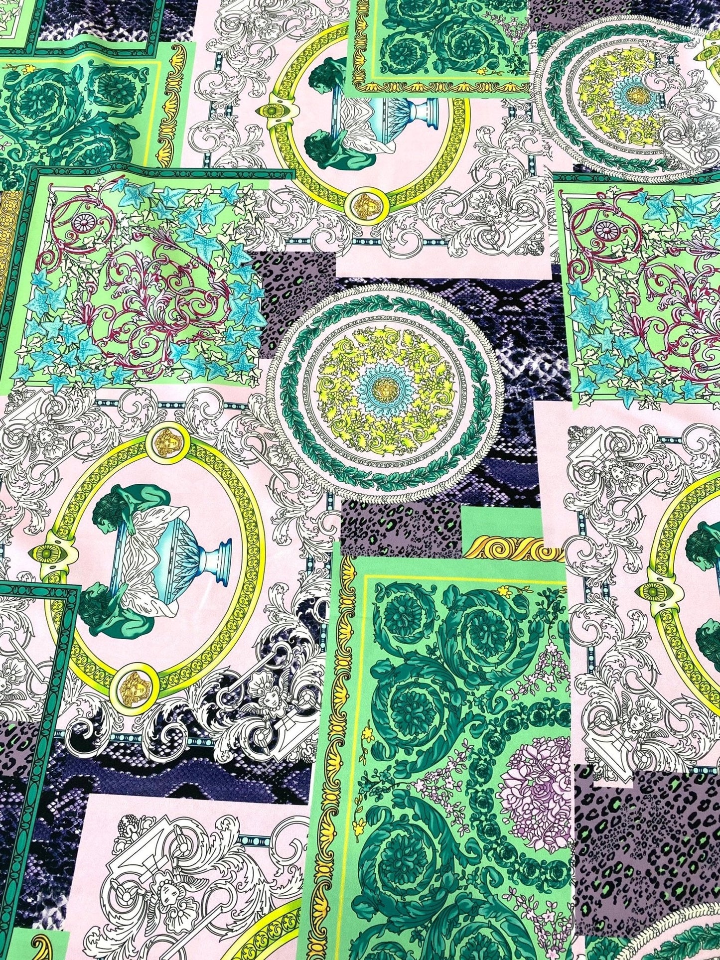 Baroque Pattern Fabric Green Borders and Soft Color Palette