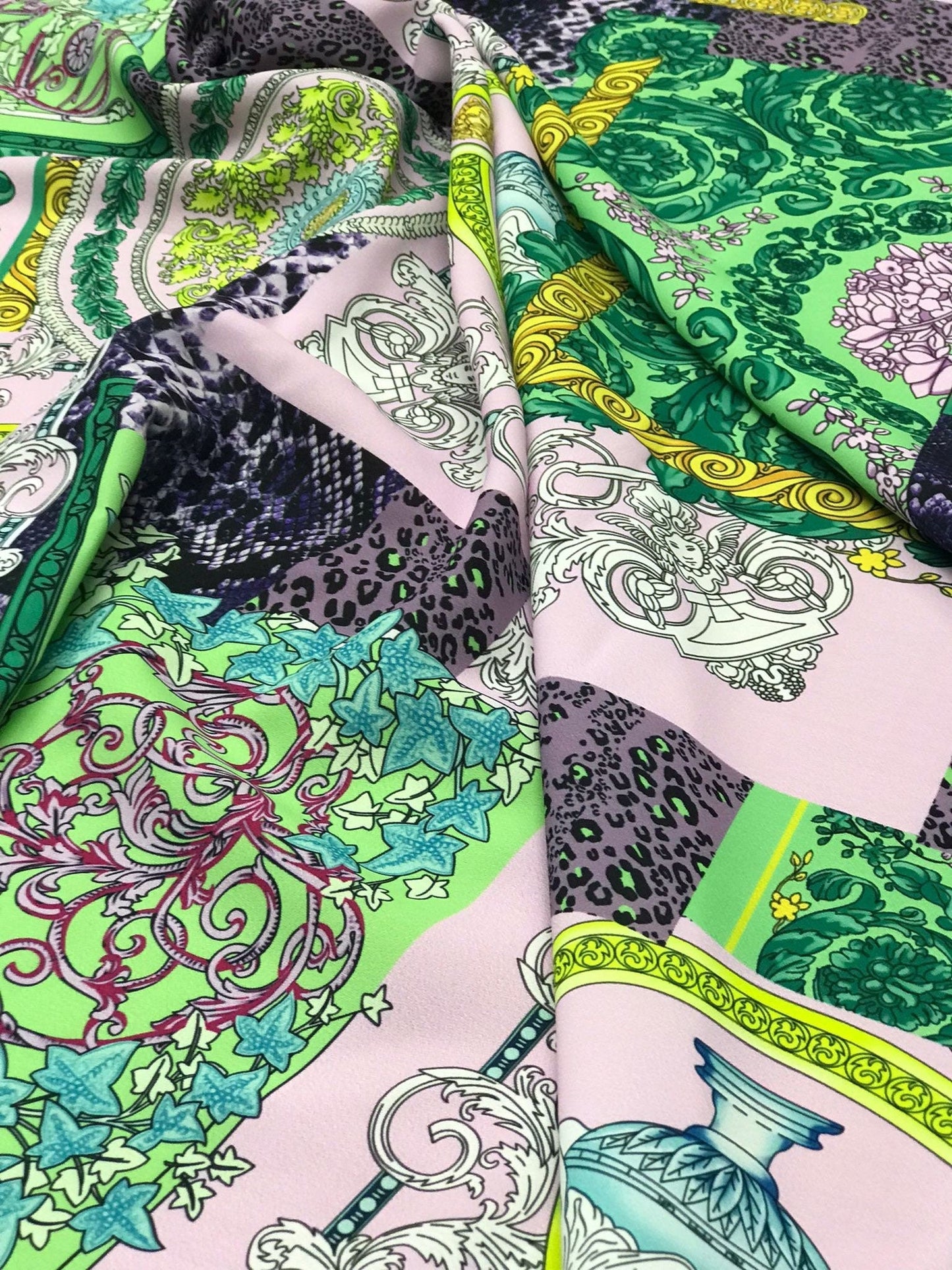Baroque Pattern Fabric Green Borders and Soft Color Palette