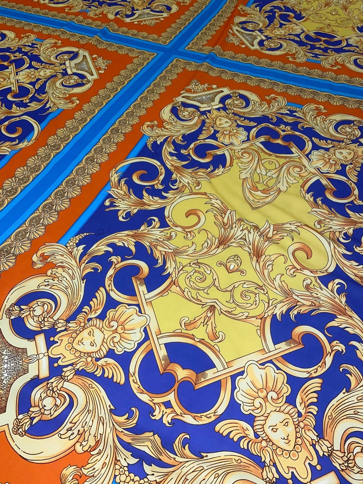 Baroque Pattern Fabric with Orange Border and Gold Accents
