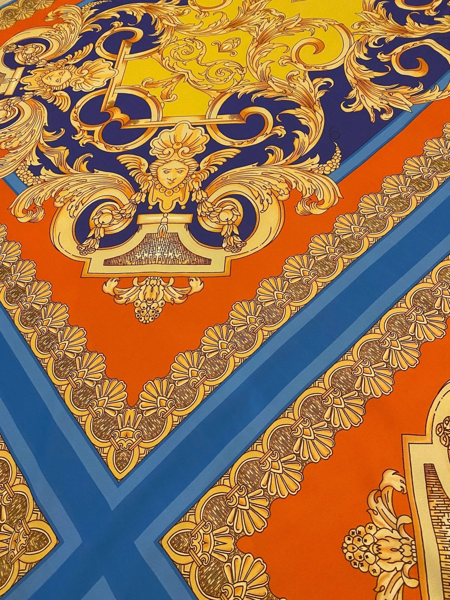 Baroque Pattern Fabric with Orange Border and Gold Accents