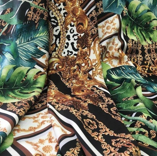 Baroque Tropical Green and Gold Fabric – Custom Printed Fabric, Choose Material by Metre