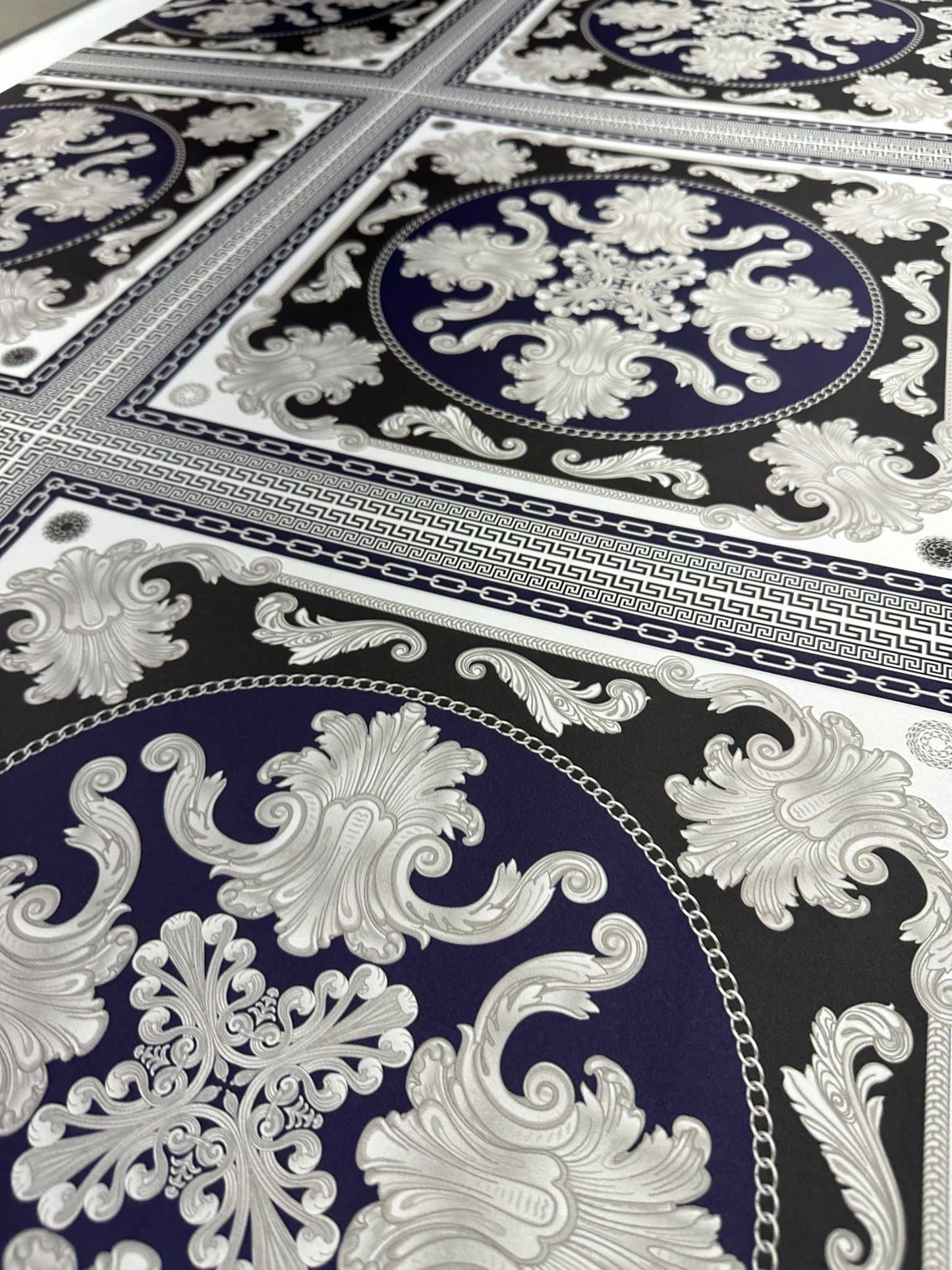 Greek Key Pattern with Navy Blue Baroque Fabric