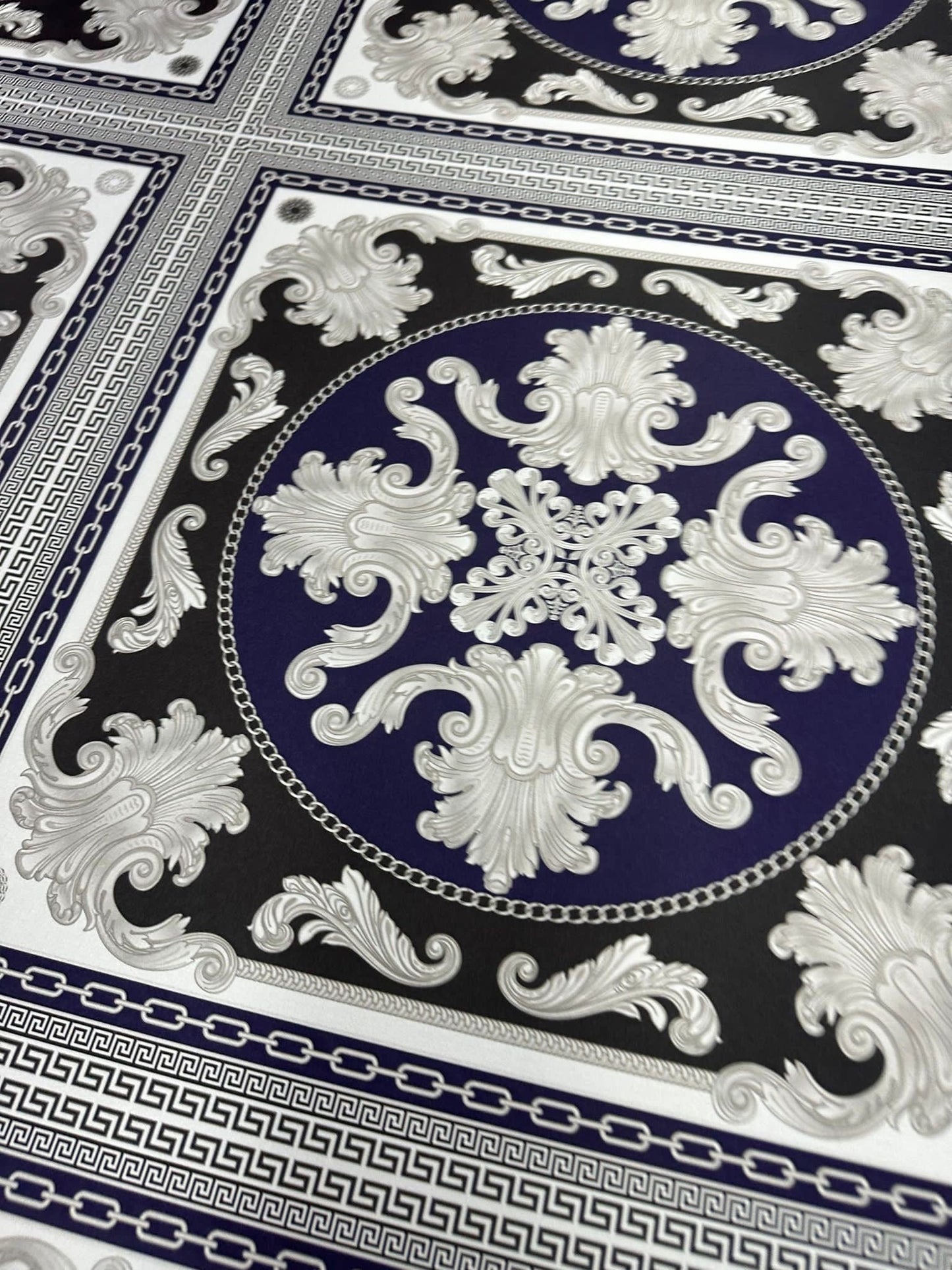 Greek Key Pattern with Navy Blue Baroque Fabric