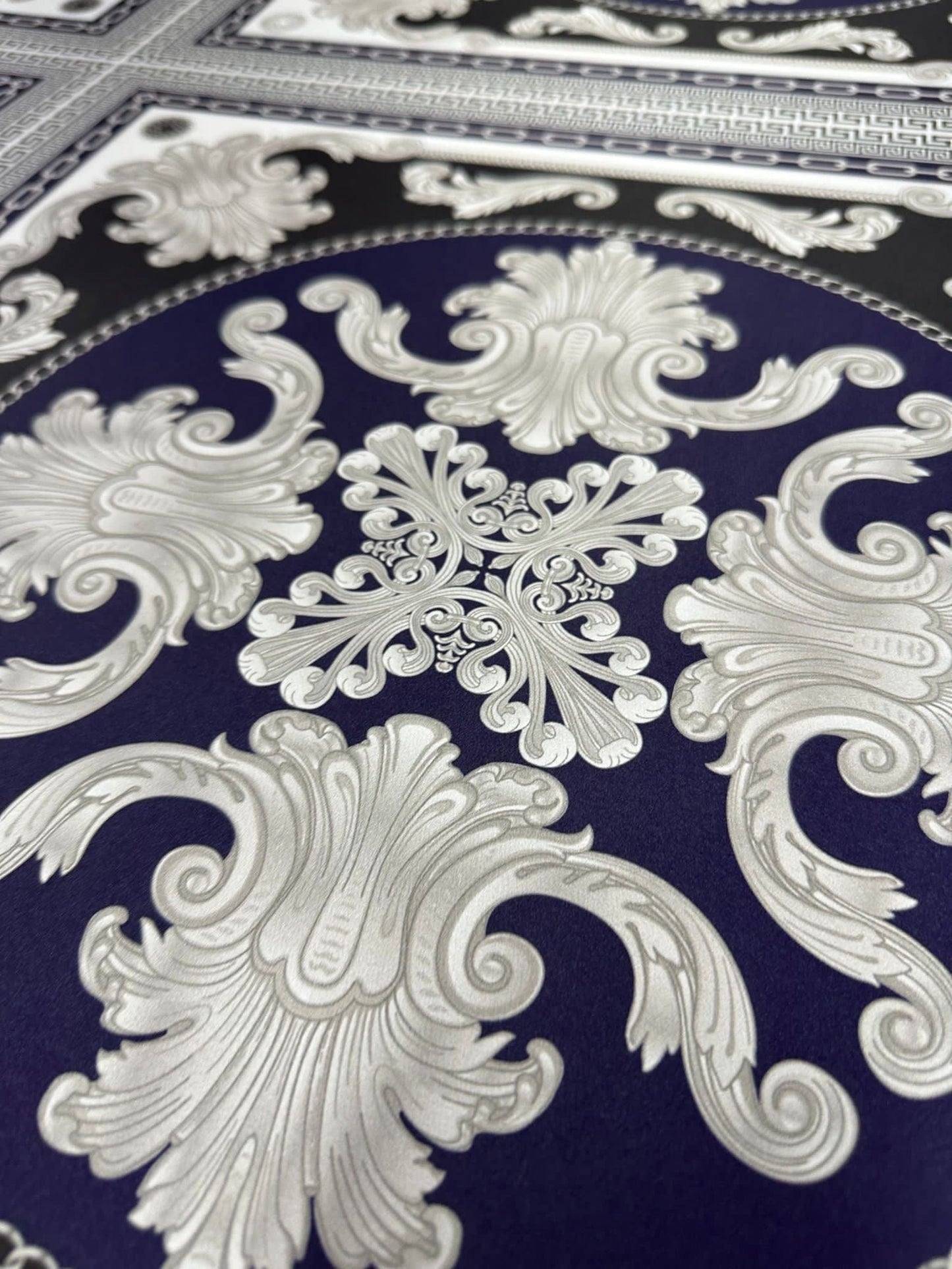 Greek Key Pattern with Navy Blue Baroque Fabric
