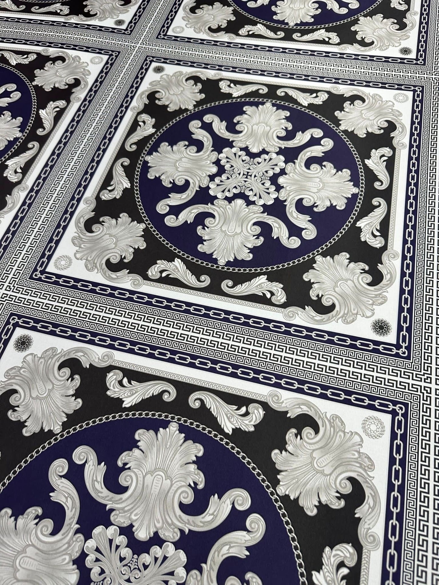 Greek Key Pattern with Navy Blue Baroque Fabric