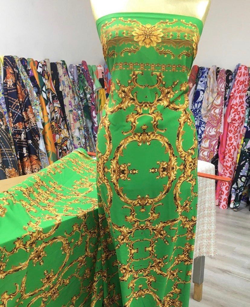 Baroque Green Gold Print Fabric
