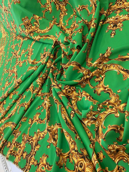 Baroque Green Gold Print Fabric – Multiple Fabric Options, Sold by Metre