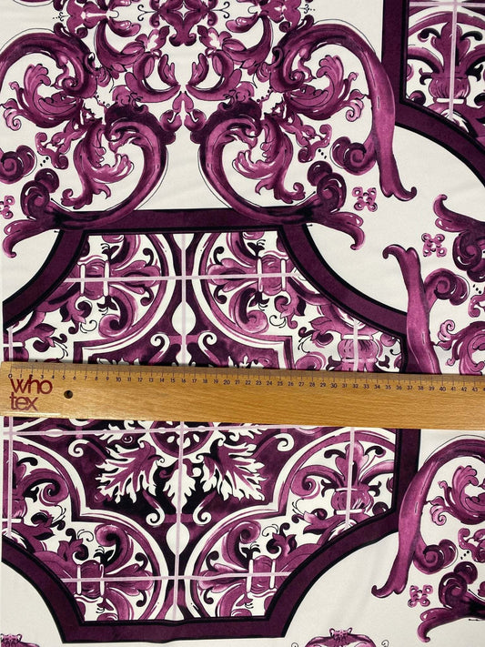 Baroque Style Purple Ornamental Fabric – Available in Satin, Crepe, Spandex & Chiffon | By Metre