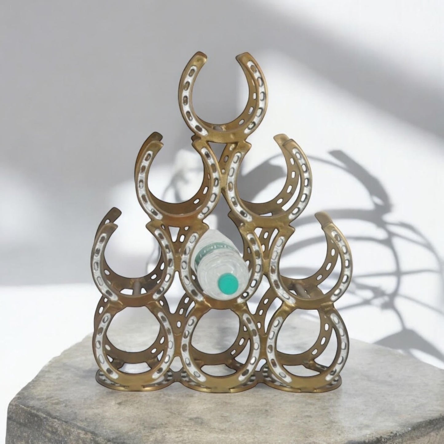 53CM ANTIQUE BRASS 9 BOTTLE WINE RACK